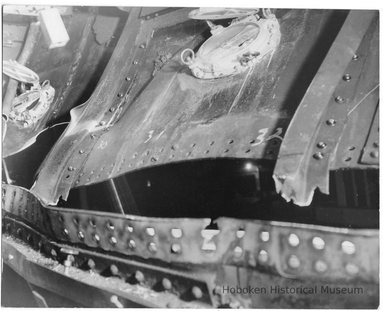 B+W photo of the interior collision damage to the S.S. Saint John, Hoboken, Dec. 20, 1940. picture number 1