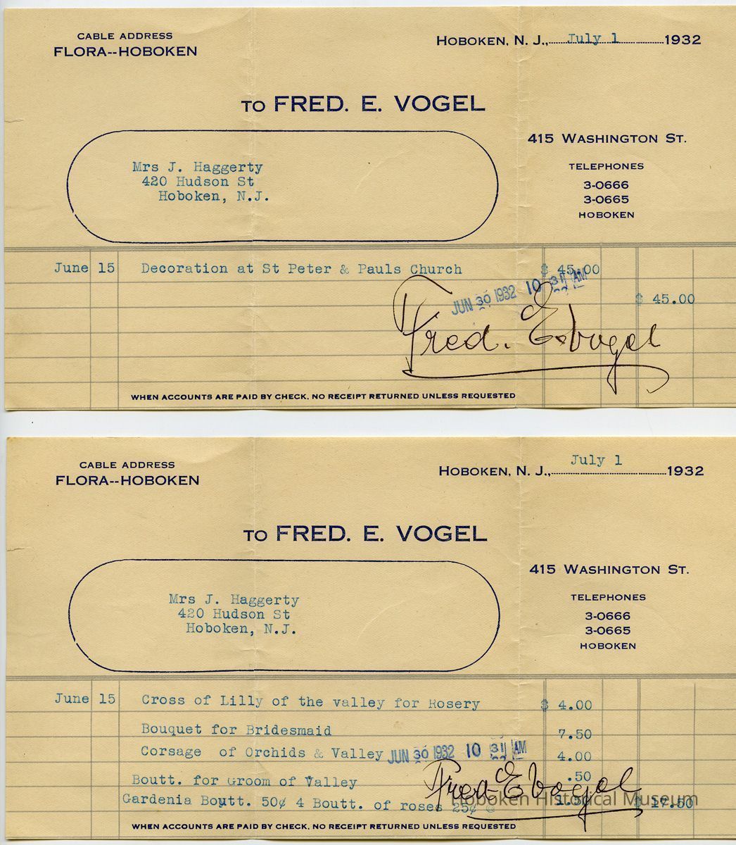 receipts Fred E. Vogel, florist