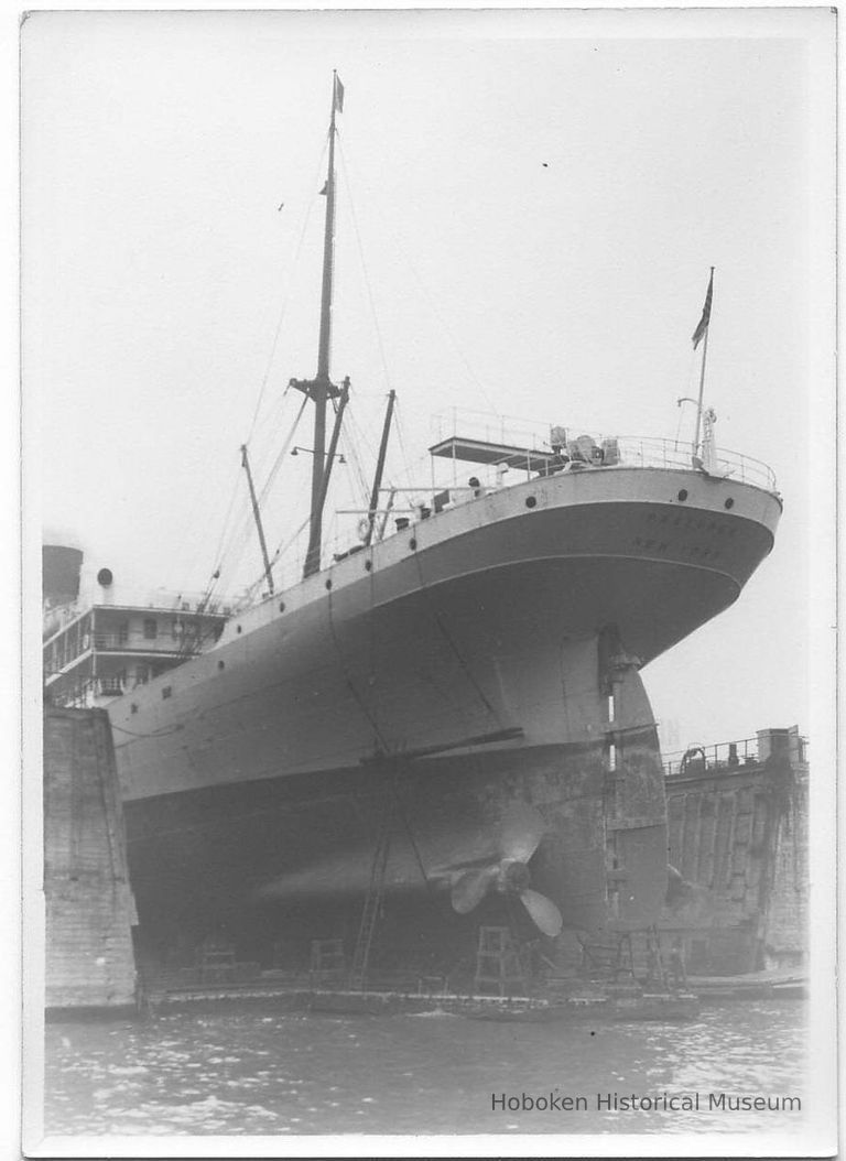 B+W photo of a port stern view of the S.S. Pastores in dry dock, Hoboken, no date, ca. 1940. picture number 1