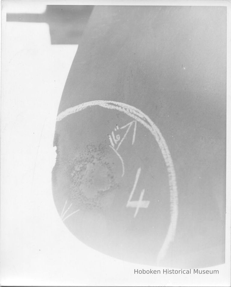 B+W photo detail of damage to a propeller blade, Hoboken, no date, ca. 1940.. picture number 1