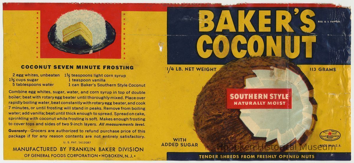 Label: Baker's Coconut. Southern Style. 1/4 lb. Franklin Baker Div., General Foods, Hoboken, n.d., ca. 1938-1943. picture number 1