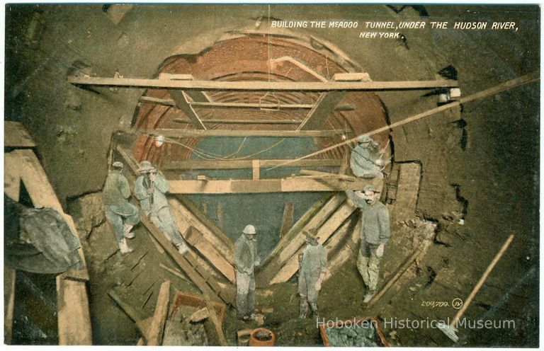 Digital image of Hudson & Manhattan R.R. postcard titled: Building the McAdoo Tunnel under the Hudson River, New York. No date, ca. 1908. picture number 1