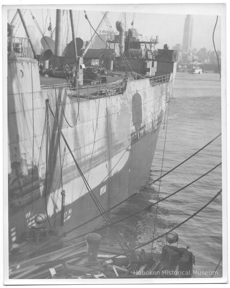 B+W photo of the port side view toward stern of unknown ship, Hoboken, no date, ca. 1940. picture number 1