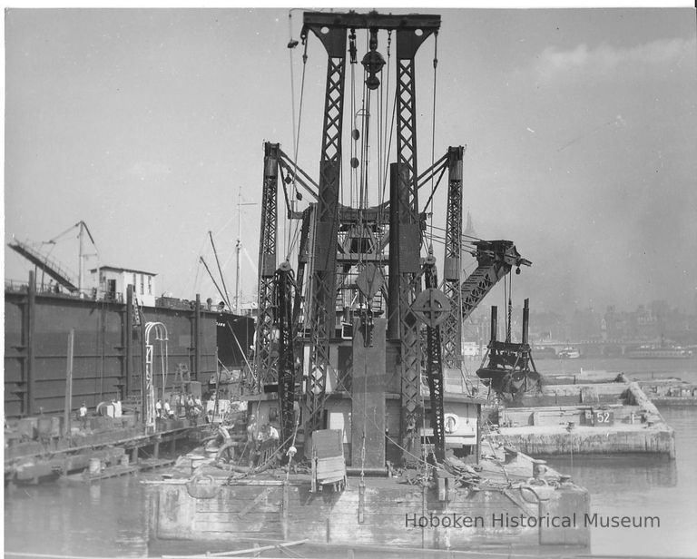 B+W photo: Crane barge in dry dock area, Hoboken, no date, ca. 1940. picture number 1