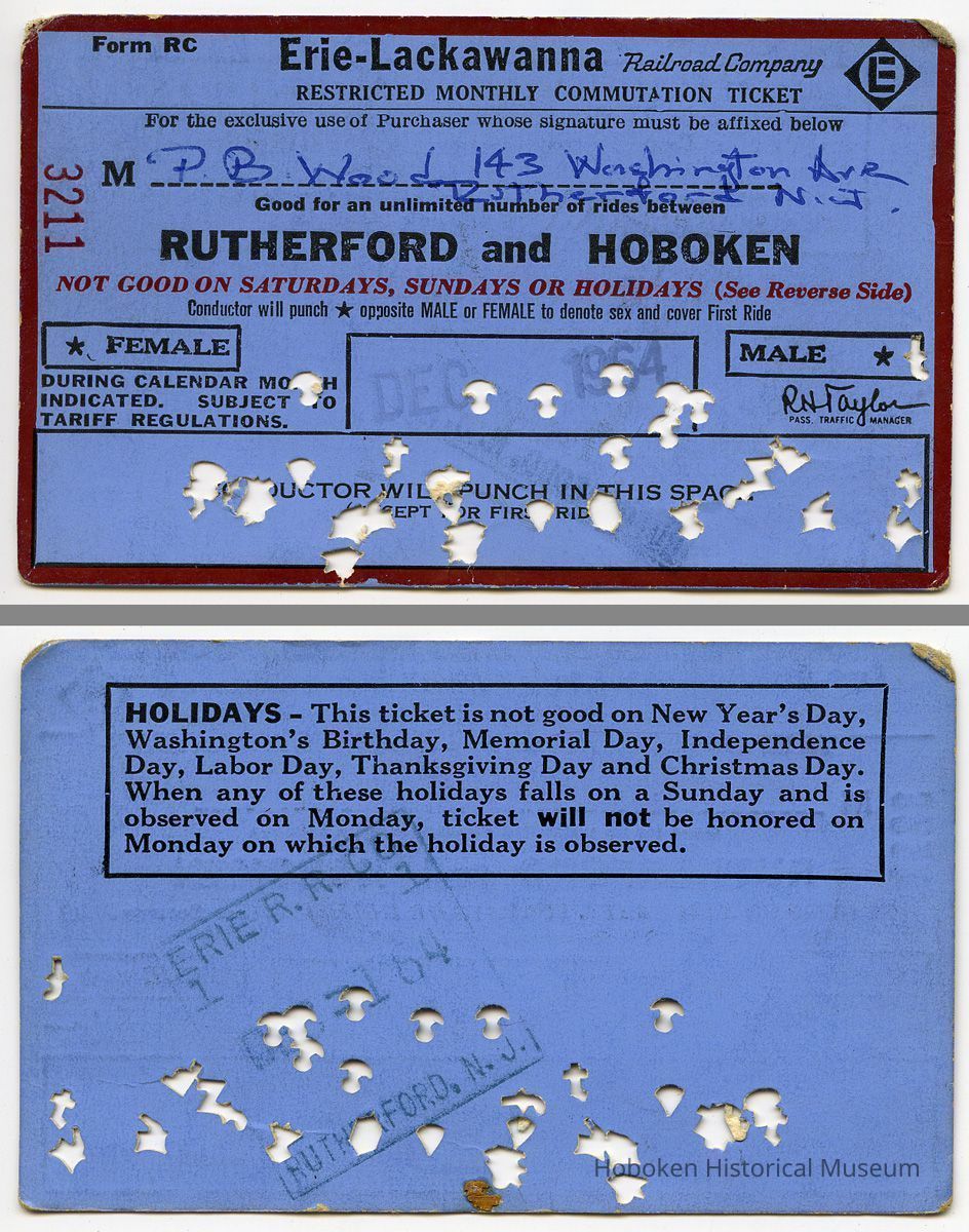 front and back: 1964 Erie Lackawanna monthly commutation ticket