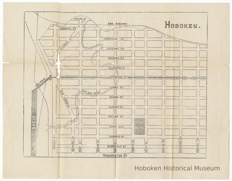 Map: southern Hoboken showing a drainage sewer along Jefferson St. & the 