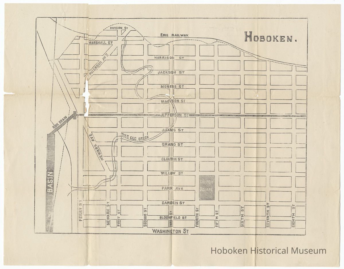 Map: southern Hoboken showing a drainage sewer along Jefferson St. & the 