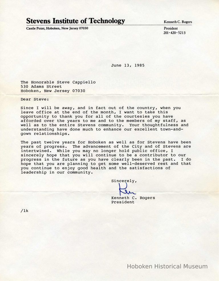 Digital image of letter to Steve Cappiello from Kenneth Rogers, President, Stevens Institute of Technology, June 13,1985. picture number 1