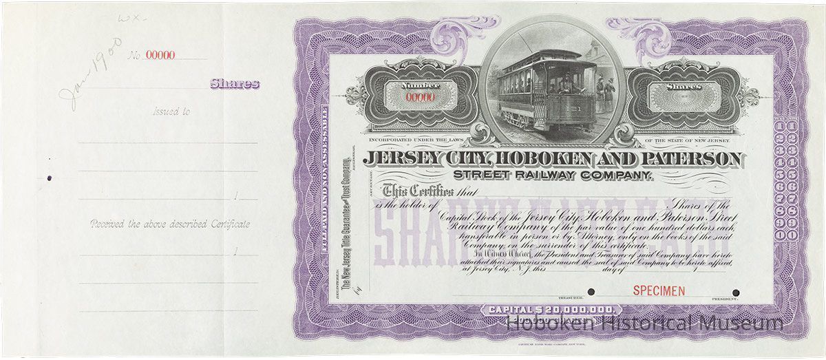 Stock Certificate: Jersey City, Hoboken And Paterson Street Railway Company. picture number 1