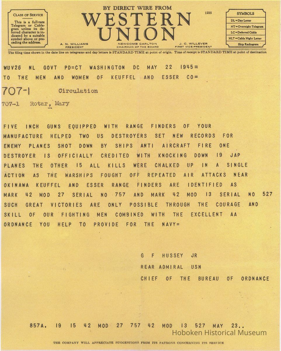 Telegram to K&E Hoboken employees re range finders from Rear Adm. G.F. Hussey, Jr., USN, Chief of Bureau of Ordnance, Wash., D.C., May 22, 1945. picture number 1