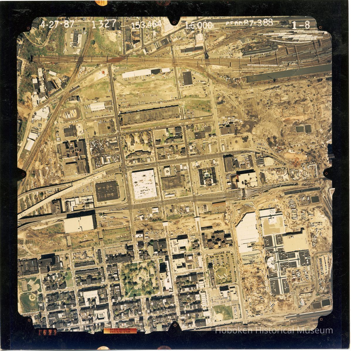 Color aerial photo of Hoboken from Grand Street to the waterfront; Newport, Jersey City to 2nd Street, April 27,1987. picture number 1