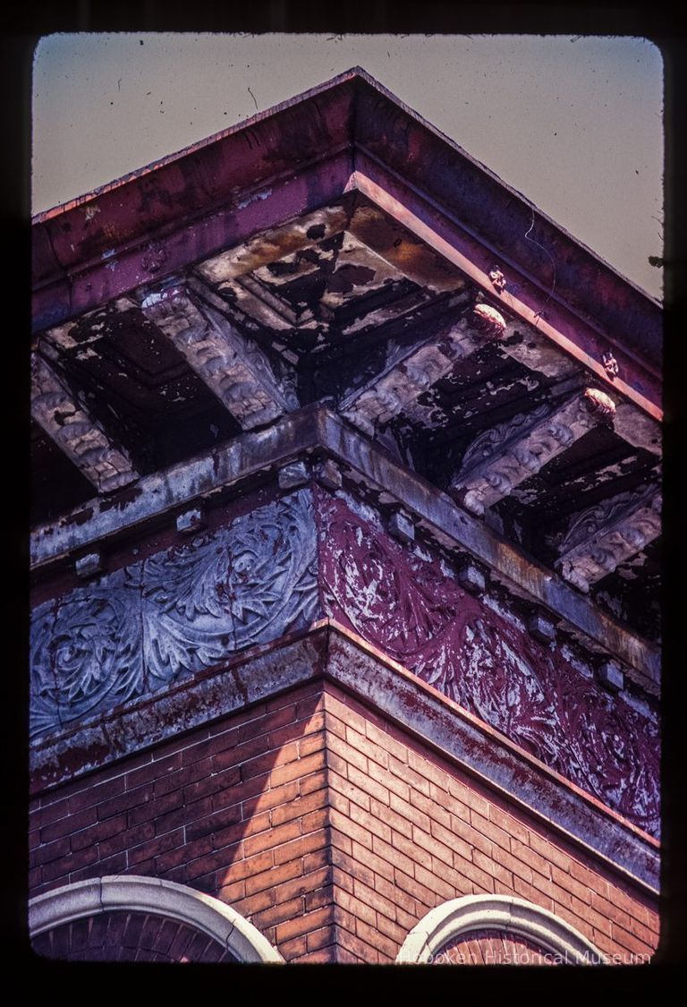 Color slide of detail view of cornice and frieze at 1001 Bloomfield picture number 1