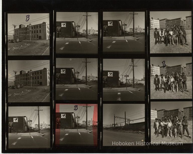 B+W negative contact sheet of images of Hoboken taken by John Conn. no date, [1976]. picture number 1