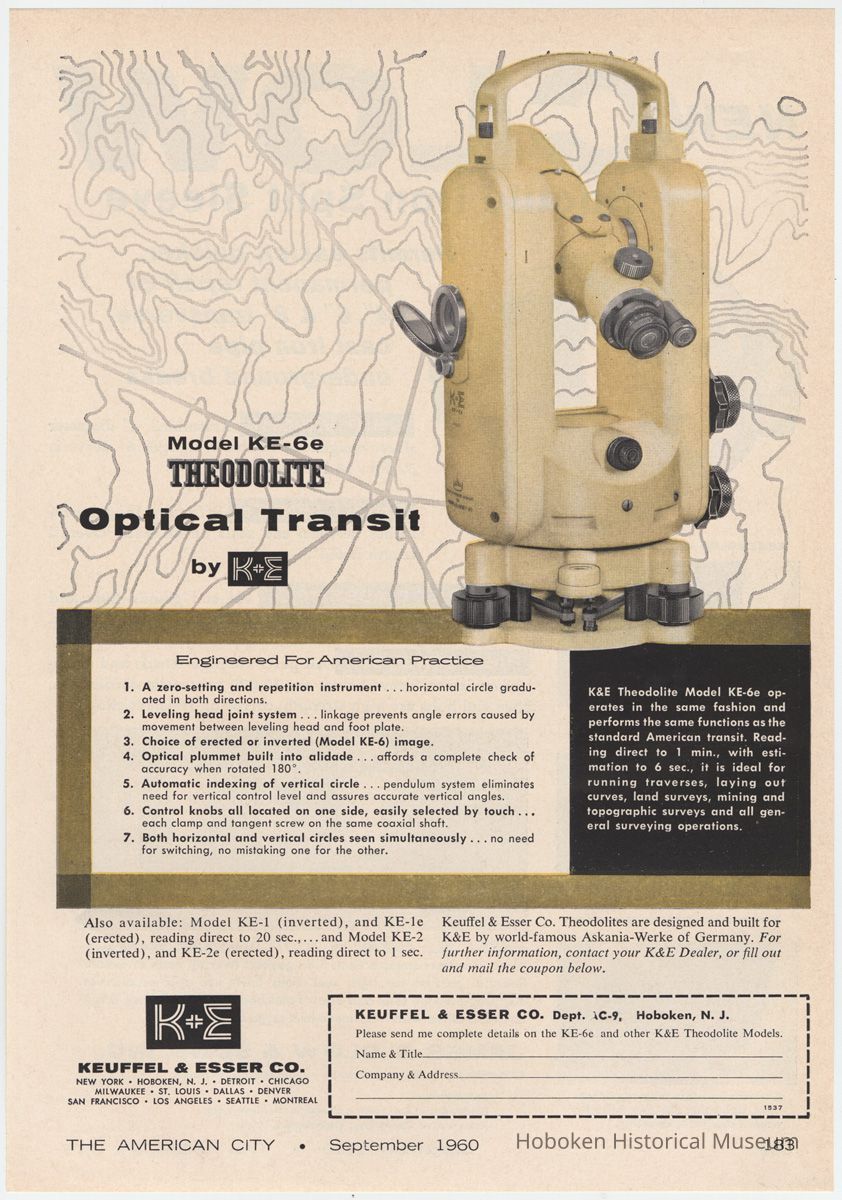 Ad for KE-6e Theodolite sold by Keuffel & Esser Co., N.Y. & Hoboken. The American City, Nov. 1960 picture number 1