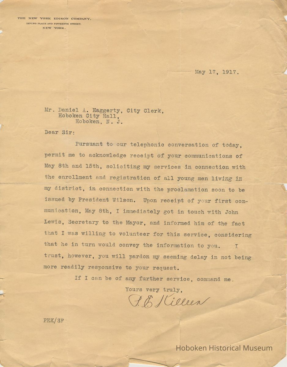 TLS to City Clerk, Hoboken, from P.E. Killeen re volunteering for Hoboken draft board work, May 17, 1917. picture number 1