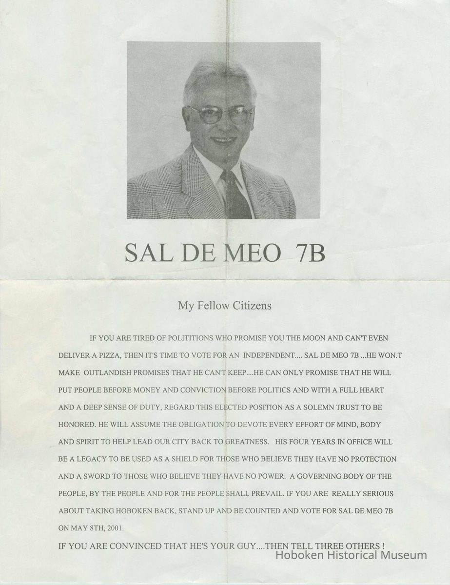 Political flyer for Sal De Meo, independent Hoboken City Council candidate, 2001. picture number 1