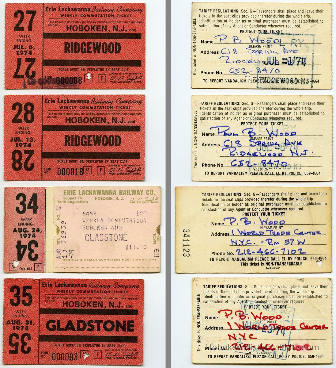 front & back: four 1974 Erie Lackawanna Railway weekly commutation tickets