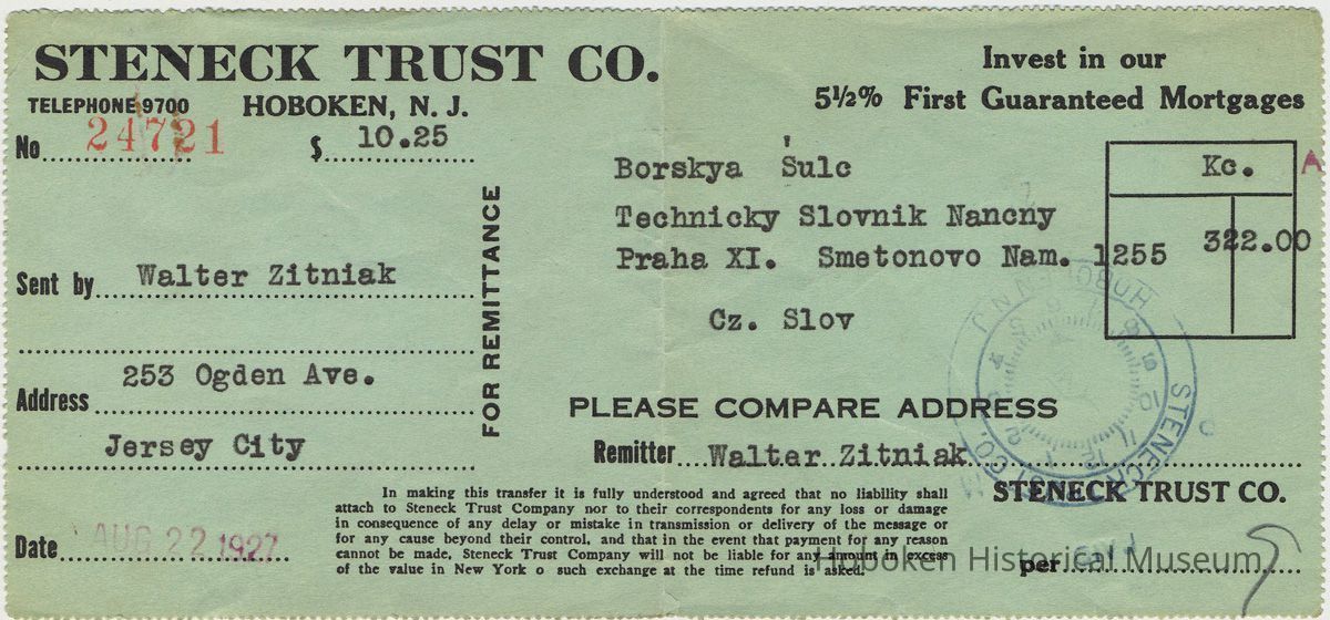Receipt from Steneck Trust Company for transfer of funds, Hoboken to Czechoslovakia, Hoboken, August 22, 1927. picture number 1
