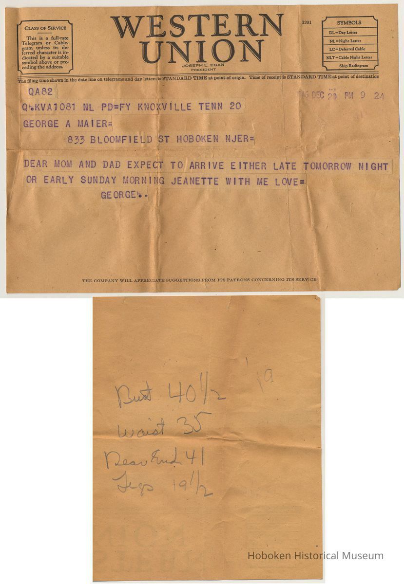 Dec. 20th telegram with detail of back clothing size notations