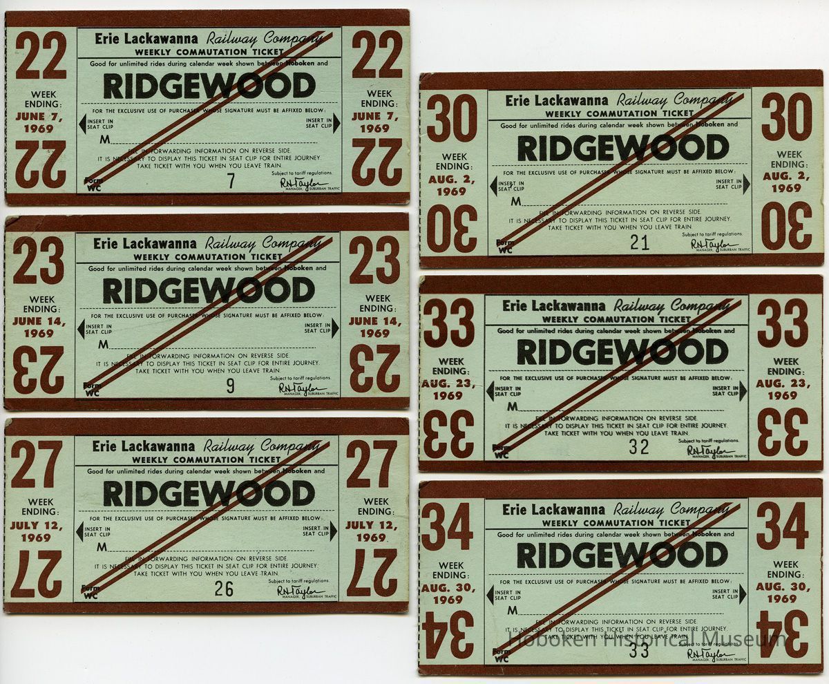 six 1969 Erie Lackawanna Railway weekly commutation tickets