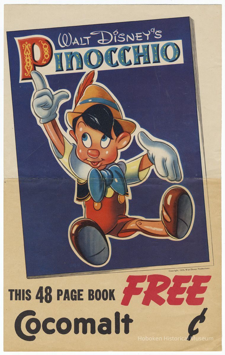 Poster for Cocomalt giveaway: Walt Disney's Pinocchio. This 48 Page Book FREE. Cocomalt ___ ¢. Issued in 1939. picture number 1