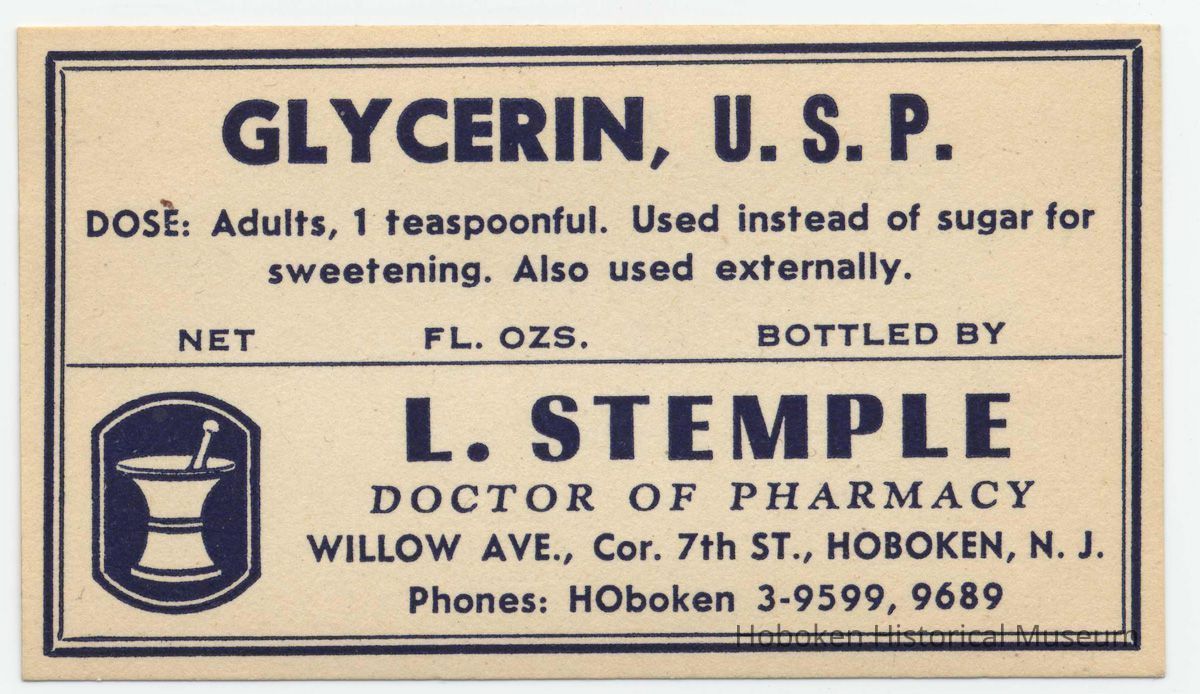 Printed label for medicine container, Glycerin, U.S.P., from Stemple Pharmacy, 266 Seventh St., Hoboken, no date, ca. 1940. picture number 1