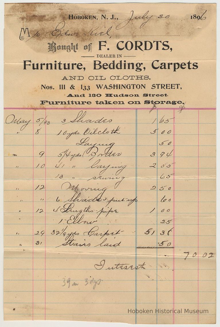 Bill from F. Cordts, Furniture, etc., 111 & 133 Washington St., to Mr. Edw. Kiel, July 30, 1896. picture number 1