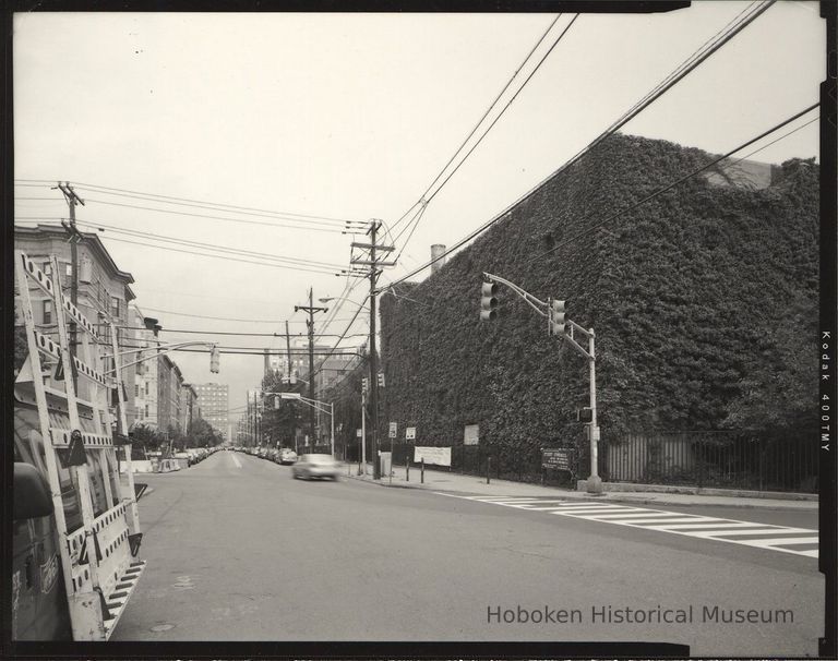 B+W photo of former Maxwell House Coffee plant exterior, overview looking north on Hudson St, Hoboken, 2003. picture number 1