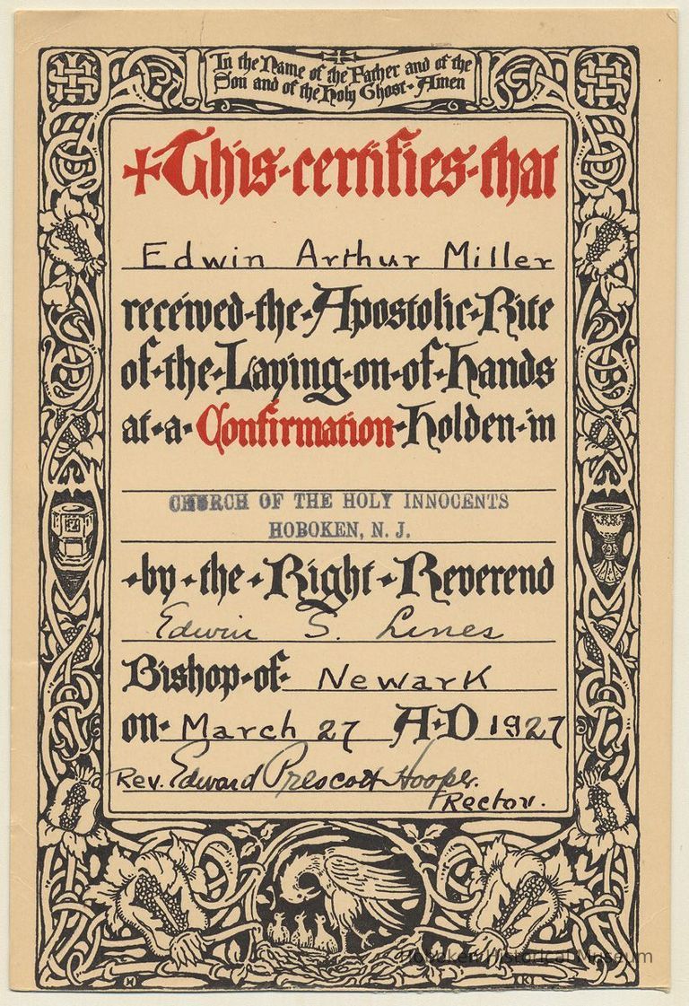 Confirmation certificate for Edwin Arthur Miller, Church of the Holy Innocents, Hoboken, March 27, 1927. picture number 1