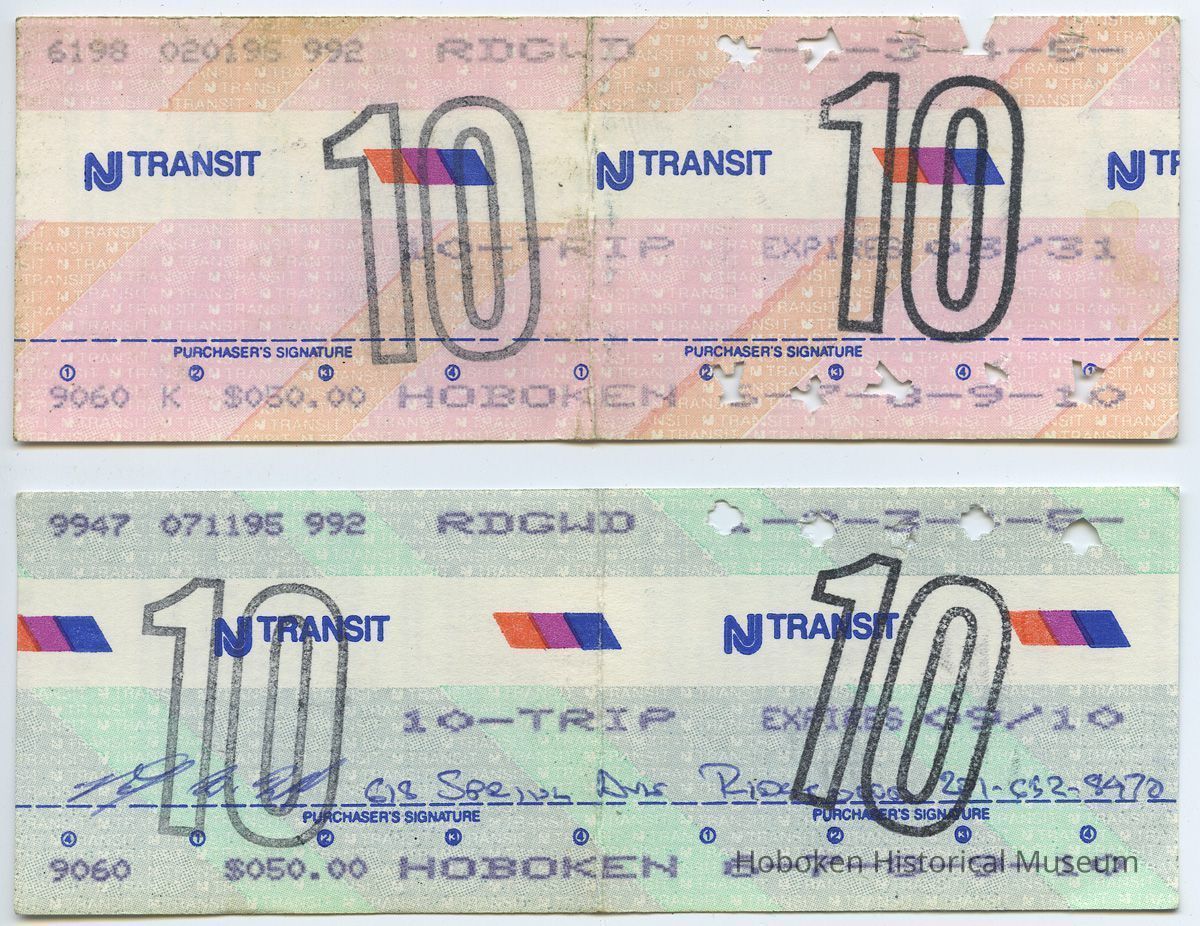tickets, 2,, NJ Transit 10-trip commutation 1995; Feb (top); July