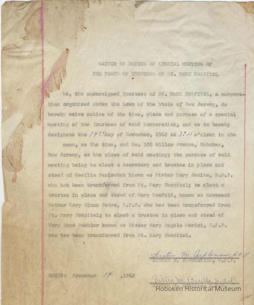 Waiver of notice of special meeting of the Board of Trustees of St. Mary Hospital, November 14, 1962. Typewritten carbon, signed. picture number 1