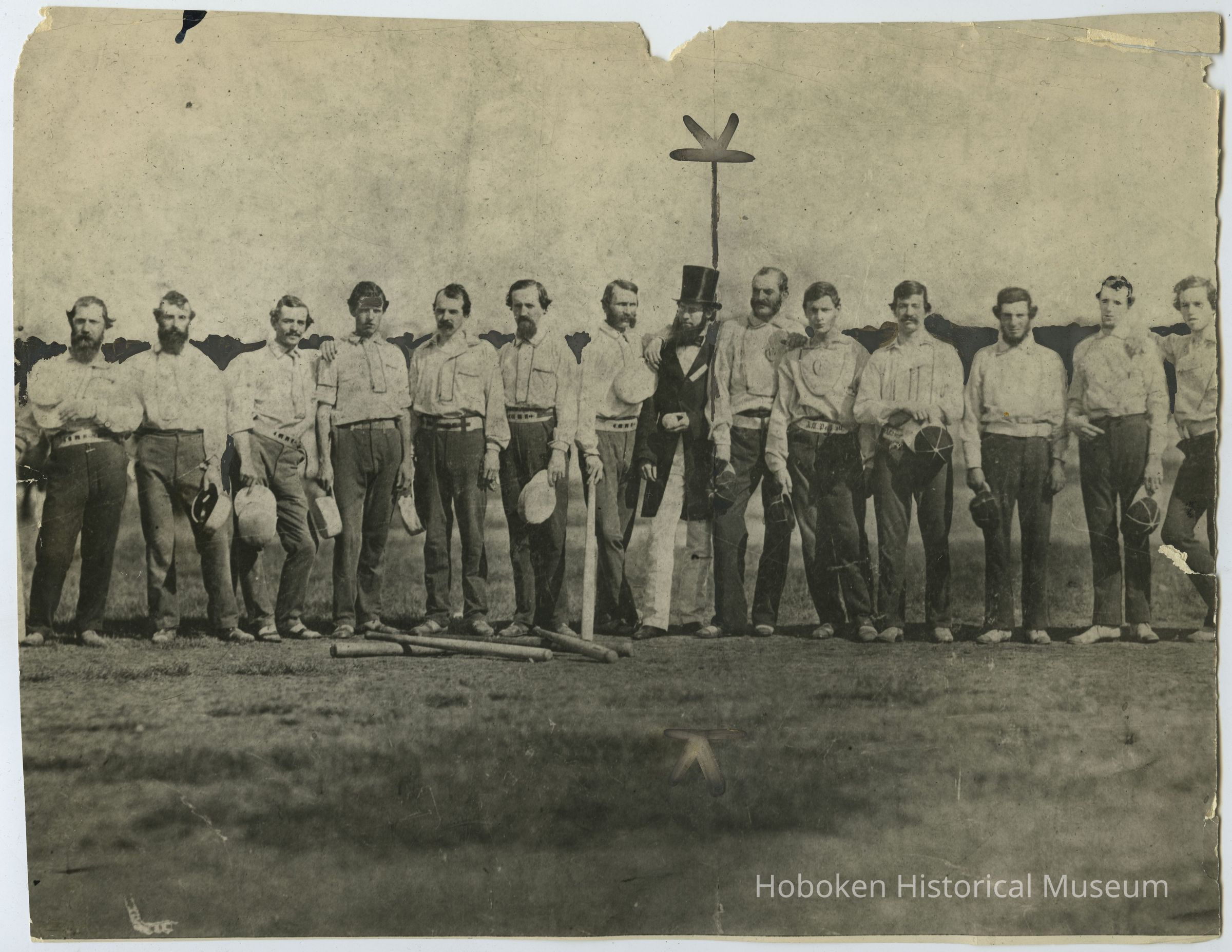 Sepia photo of the Knickerbocker Base Ball Club & Excelsior Base Ball Club plus umpire at Elysian Fields, Hoboken, NJ, Sept. 3, 1859. picture number 1
