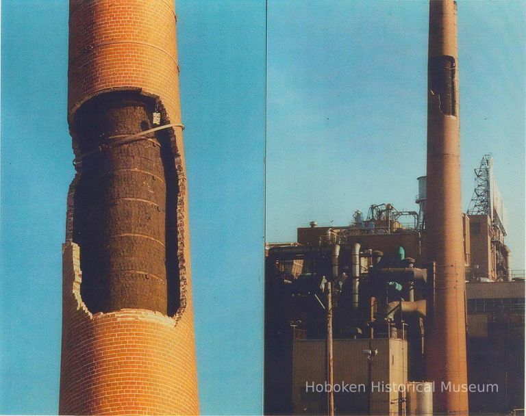 Color photo with two views of a damaged smoke stack at the Maxwell House Coffee plant, Hoboken, 1989. picture number 1