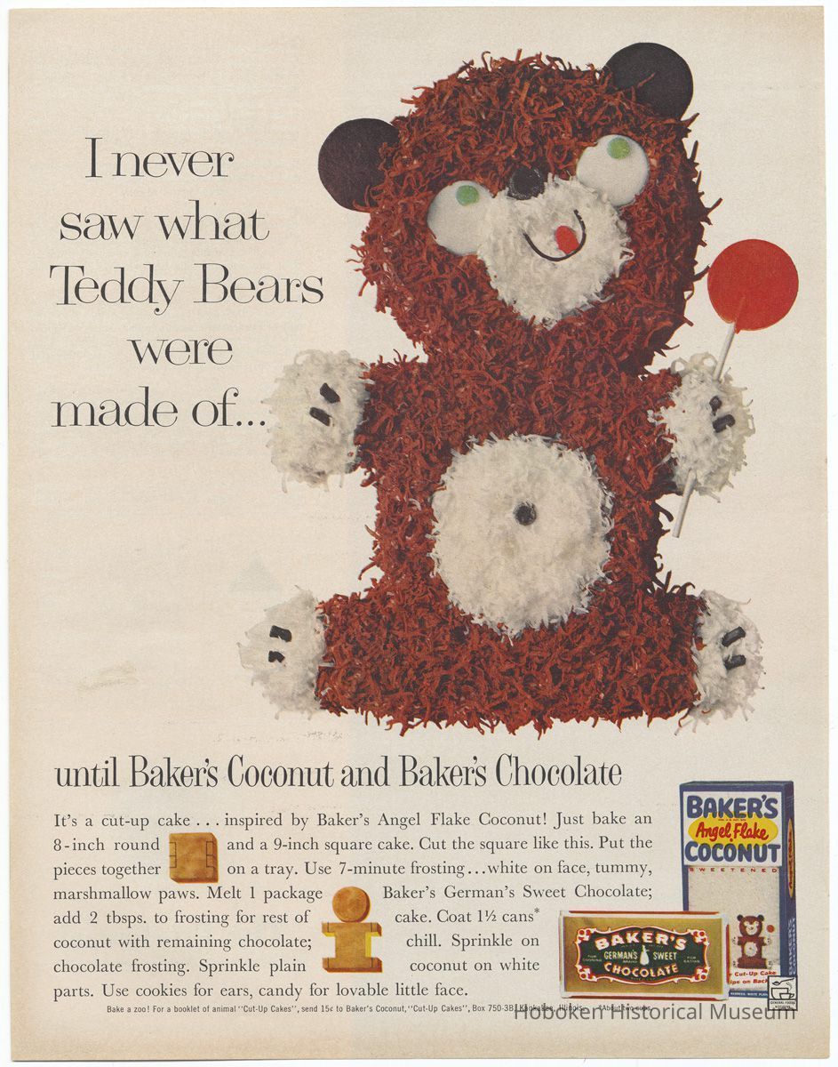 Baker's Coconut; Baker's Chocolate; teddy bears; unknown mag, 1961.