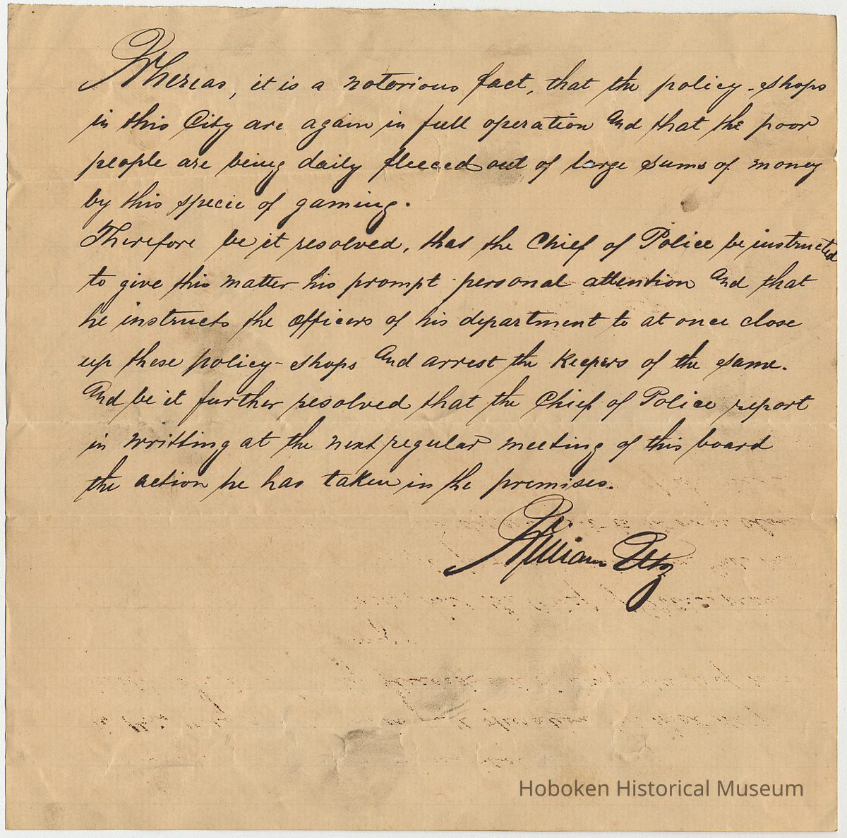 Resolution presented by William Utz to  Board of Police Commissioners