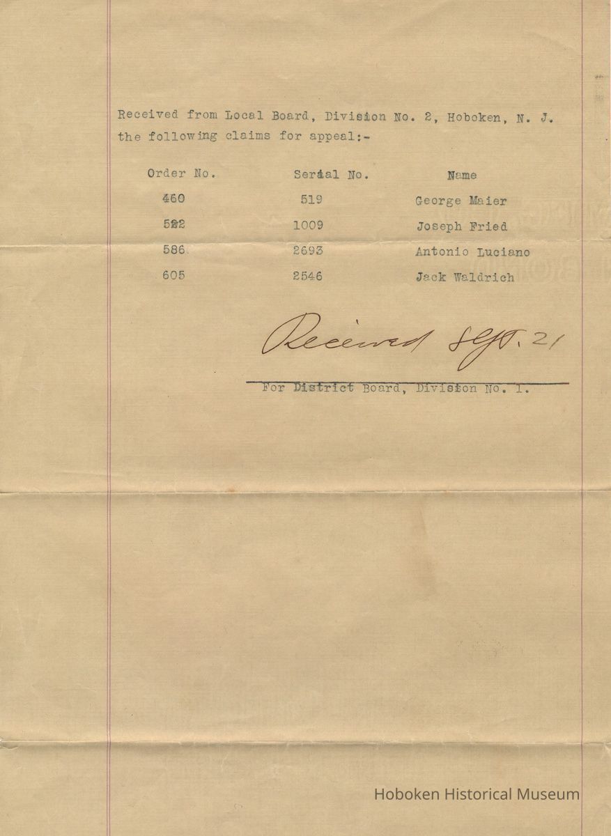 Typed receipt for 4 claims for appeal received from Local Board, Div. 2, Hoboken, by District Board, Div. No. 1., Sept. 21, no year (circa 1917-1918.) picture number 1