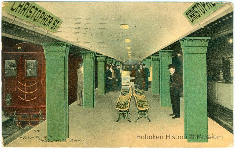 Digital image of Hudson & Manhattan R.R. postcard titled: Hudson Tunnels, Christopher St. Station. 1908. Courtesy of Leon Yost. picture number 1