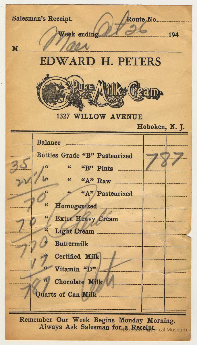 Salesman's receipt: Edward H. Peters, Pure Milk & Cream. 1327 Willow Ave. Hoboken. Oct. 26, 194_ [ca. 1946-1948.] picture number 1