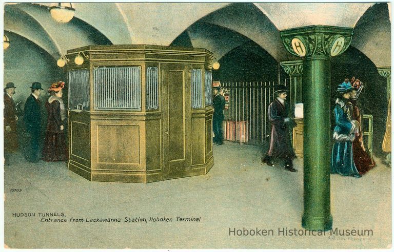 Digital image of Hudson & Manhattan R.R. postcard titled: Hudson Tunnels, Entrance from Lackawanna Station, Hoboken Terminal. 1908. picture number 1