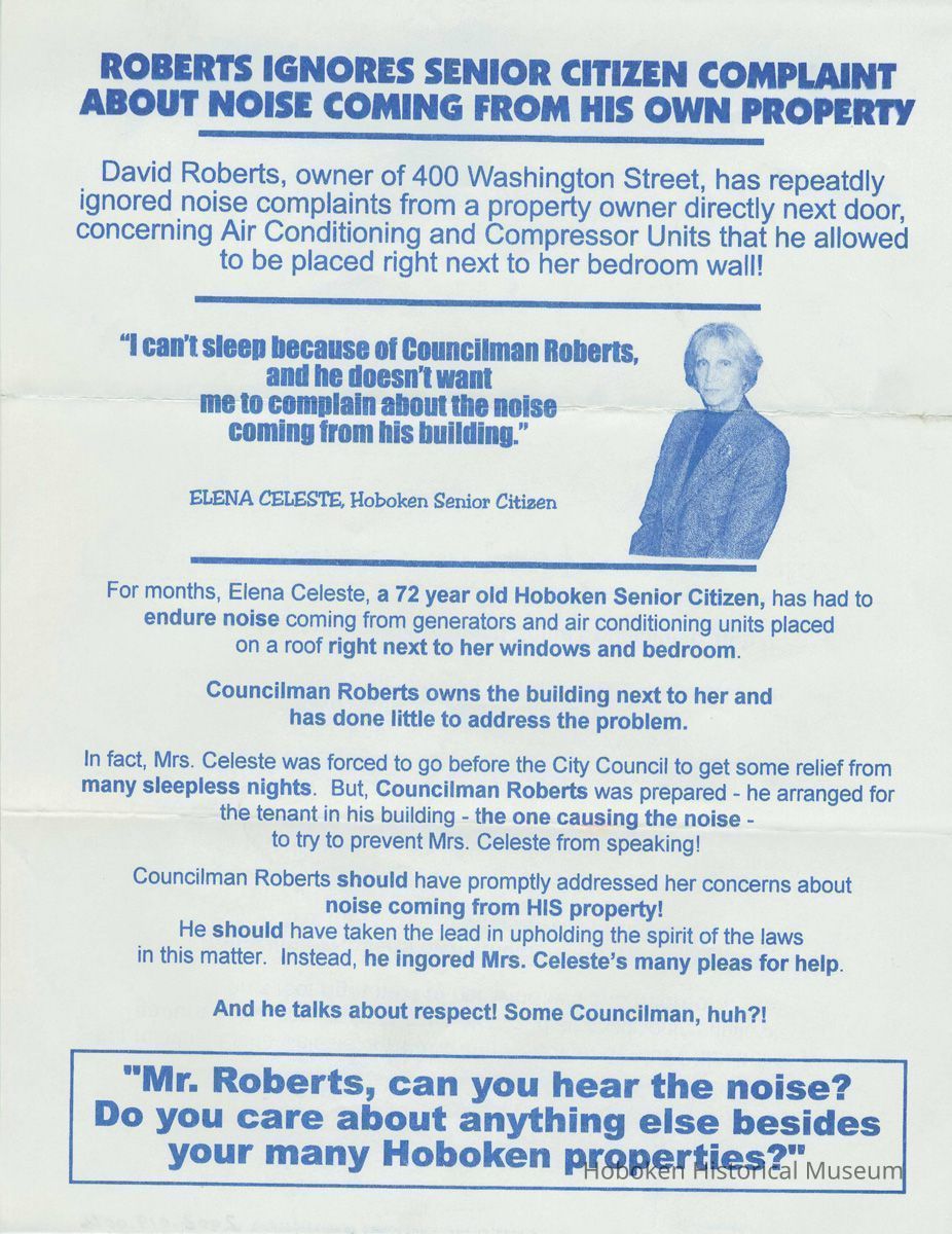Political handbill: Against Councilman David Roberts re noise complaints, Hoboken, no date, ca. 1999. picture number 1