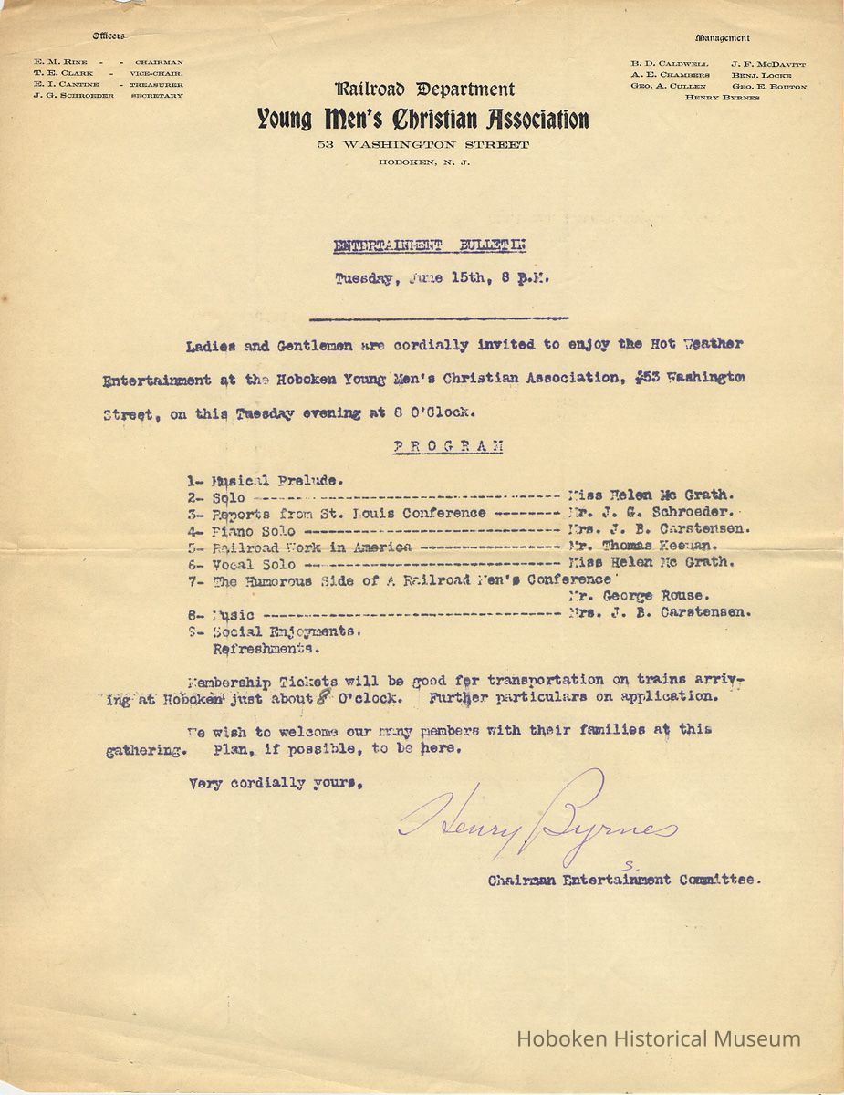 Notice: Entertainment Bulletin for Tuesday, June 15, [1915]. R.R. Y.M.C.A., 53 Washington St., Hoboken, N.J. picture number 1