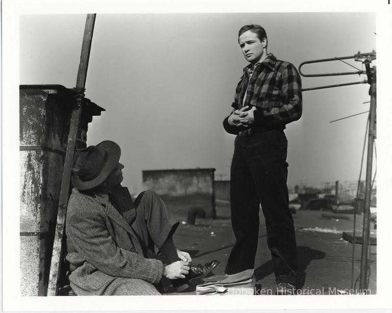 Black-and-white publicity photo of Marlon Brando as Terry Malloy in film 