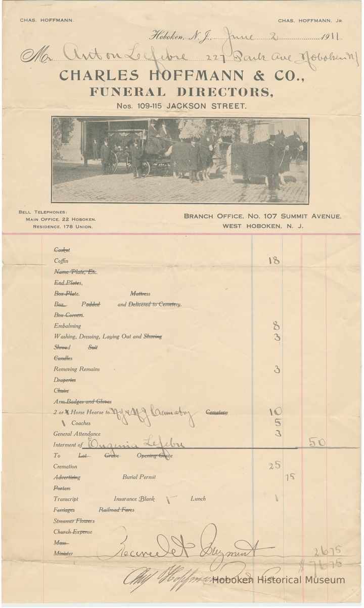 Bill to Anton Lefebre from Charles Hoffman & Co., Funeral Directors, Hoboken, June 2, 1911. picture number 1