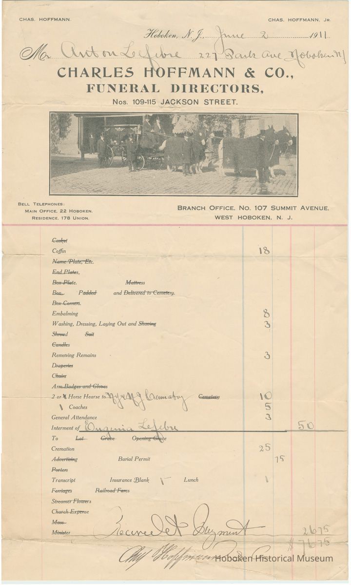 Bill to Anton Lefebre from Charles Hoffman & Co., Funeral Directors, Hoboken, June 2, 1911. picture number 1