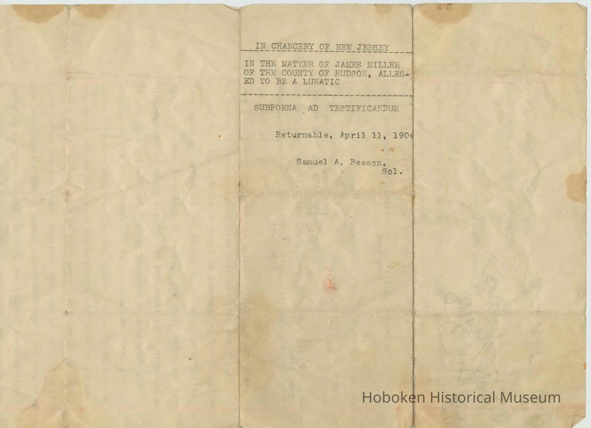 Subpoena to Mary Miller from the Chancery Court of New Jersey in the matter of James Miller, alleged to be a lunatic. April 11, 1904. picture number 1