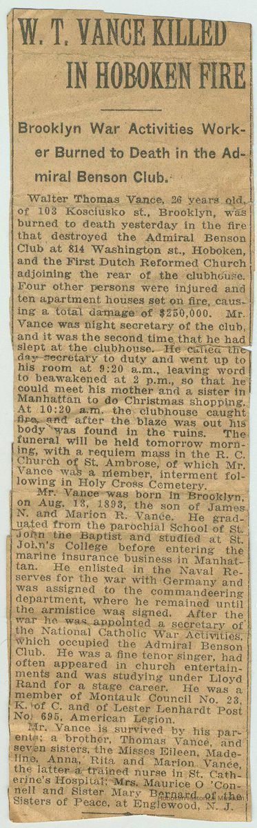 Newspaper clipping from unidentified newspaper about Walter Thomas Vance's death in the Admiral Benson Club fire. No date, ca. 1919. picture number 1