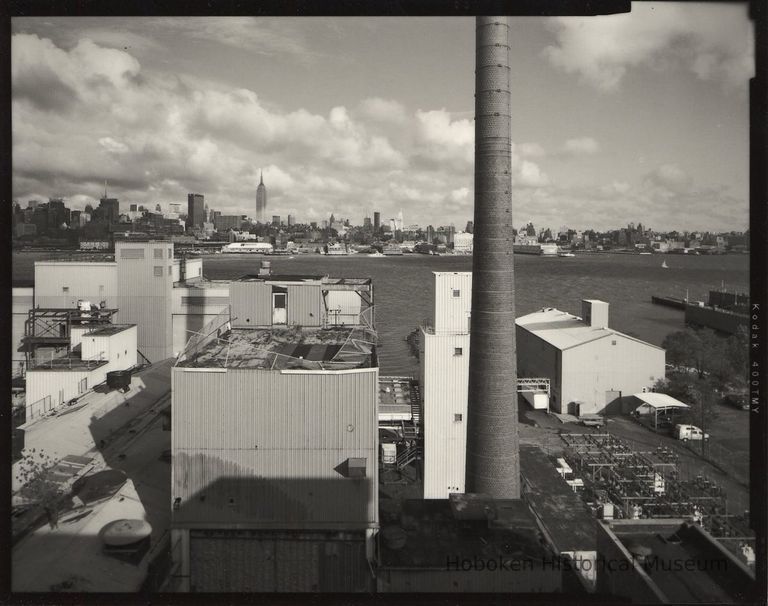 B+W photo of former Maxwell House Coffee plant exterior, overview looking east from top of Soluble Building, Hoboken, 2003. picture number 1