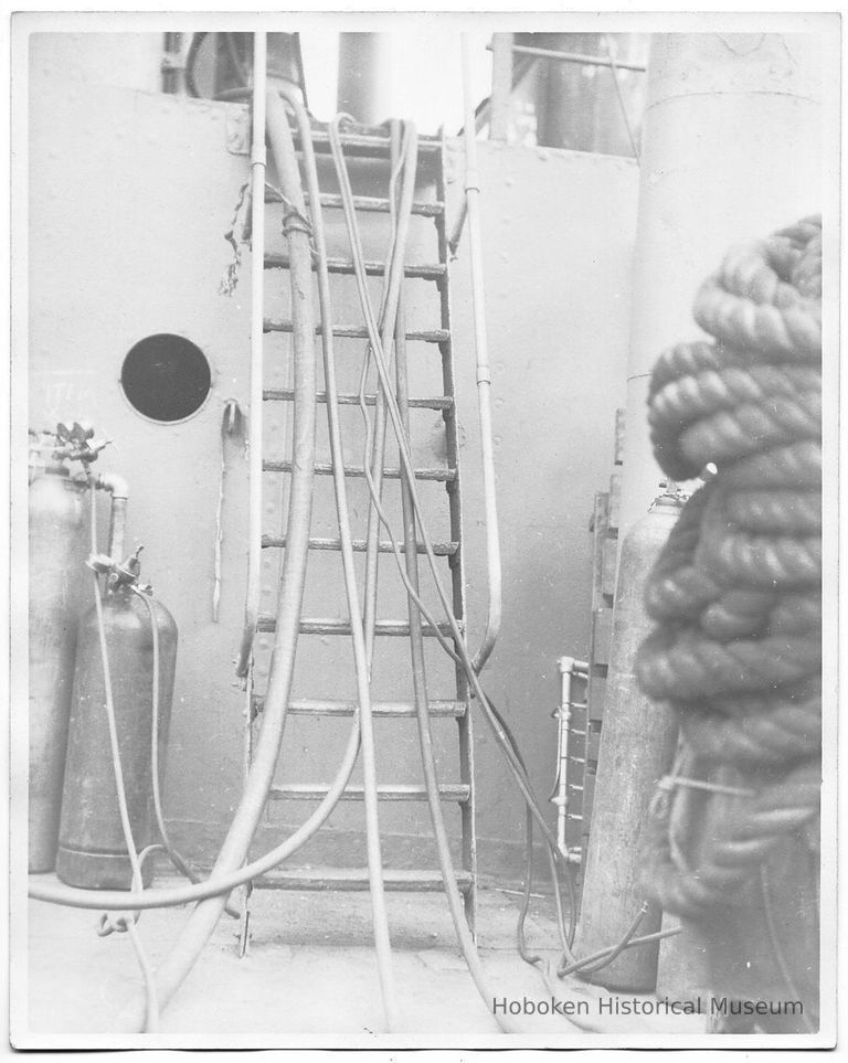 B+W photo of a ladder and work equipment, tanks, etc. on an unknown ship, Hoboken, no date, ca. 1940 . picture number 1