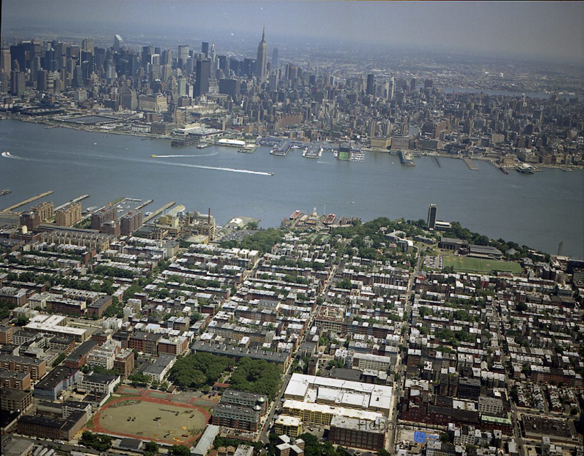 Digital reference image of color aerial view of Hoboken, July 17, 2003. Image number 9134. Photographer, Lee Ross, 