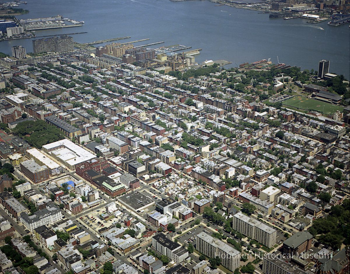 Digital reference image of color aerial view of Hoboken, July 17, 2003. Image number 9132. Photographer, Lee Ross, 